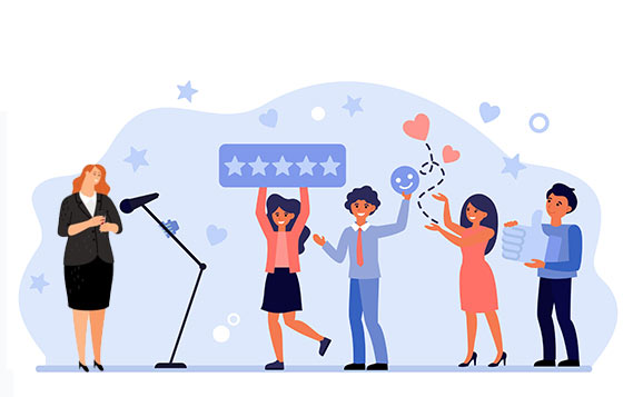 person or group of person participating in a poll, with a 5 star rating and thumbs up icon, heart emoji's in the background