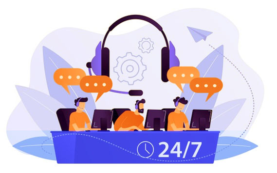 24/7 helpline executives, with speech bubbles and headphone, setting icon in the background